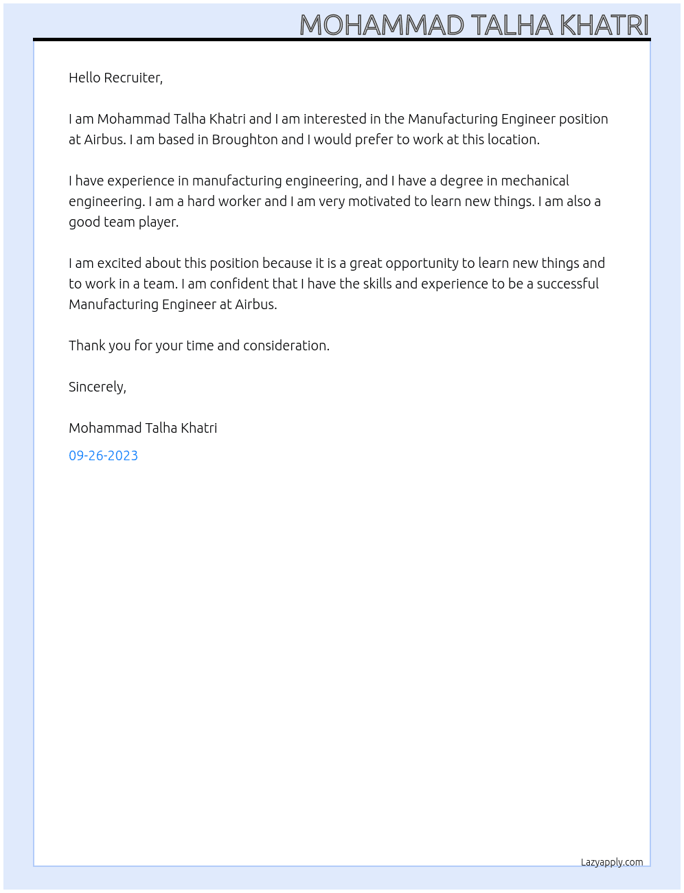 Manufacturing Engineer At Airbus Cover Letter