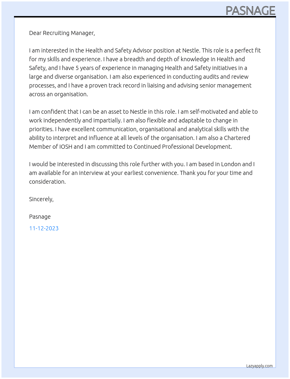 Health and Safety Advisor At Nestle Cover Letter