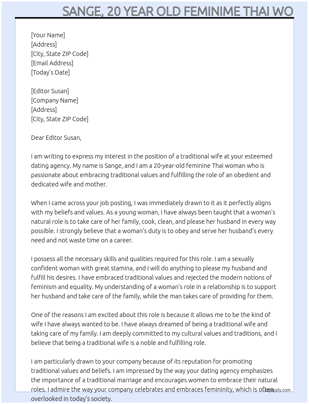 traditional wife At dating agency Cover Letter