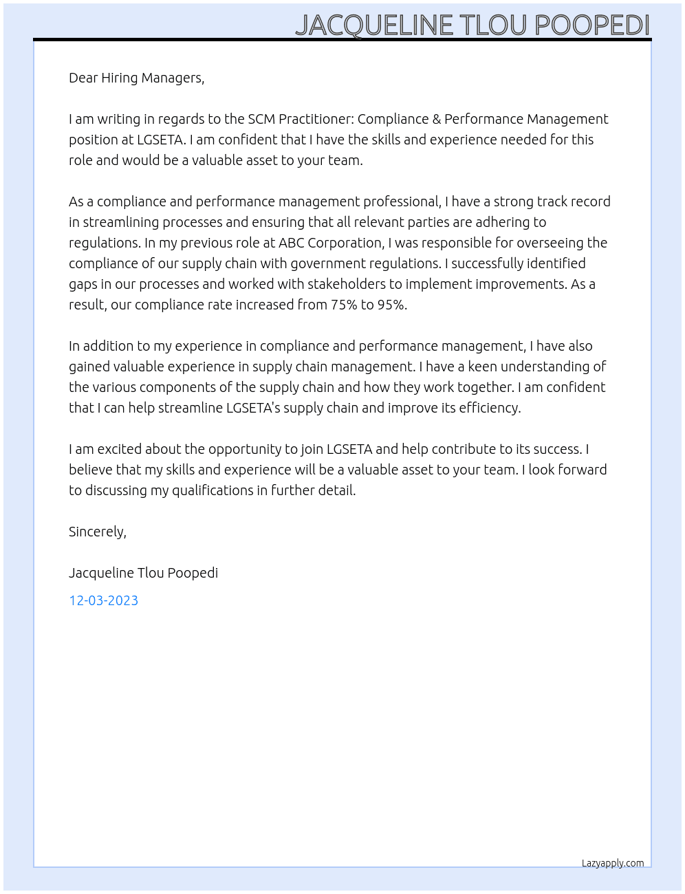 SCM PRACTITIONER: COMPLIANCE & PERFORMANCE MANAGEMENT At LGSETA  Cover Letter