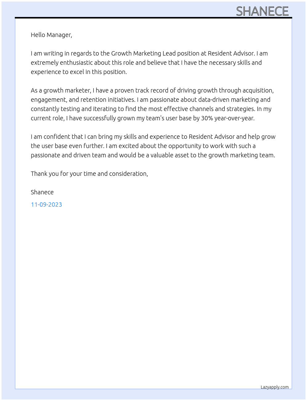 Growth Marketing Lead At Resident Advisor Cover Letter