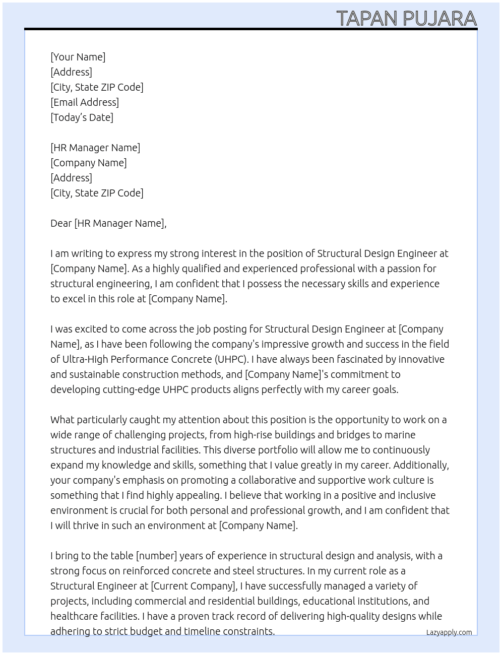 Structural Design Engineer At UHPC Cover Letter