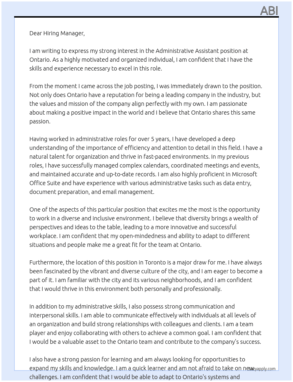 Administrative Assistant At Ontario Cover Letter