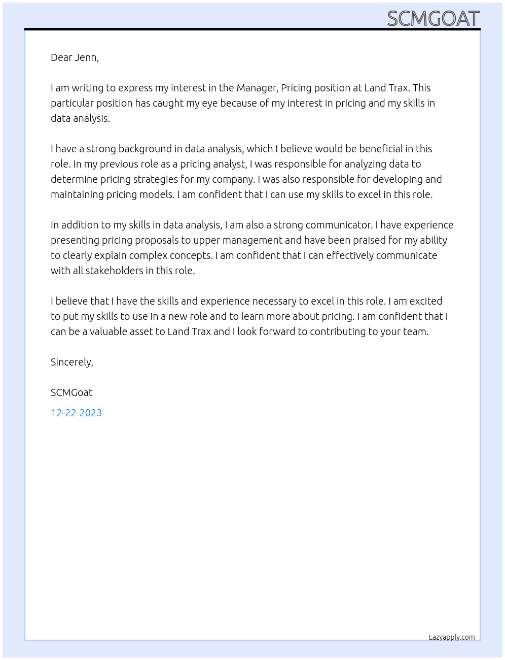 MANAGER, PRICING At Land Trax Cover Letter