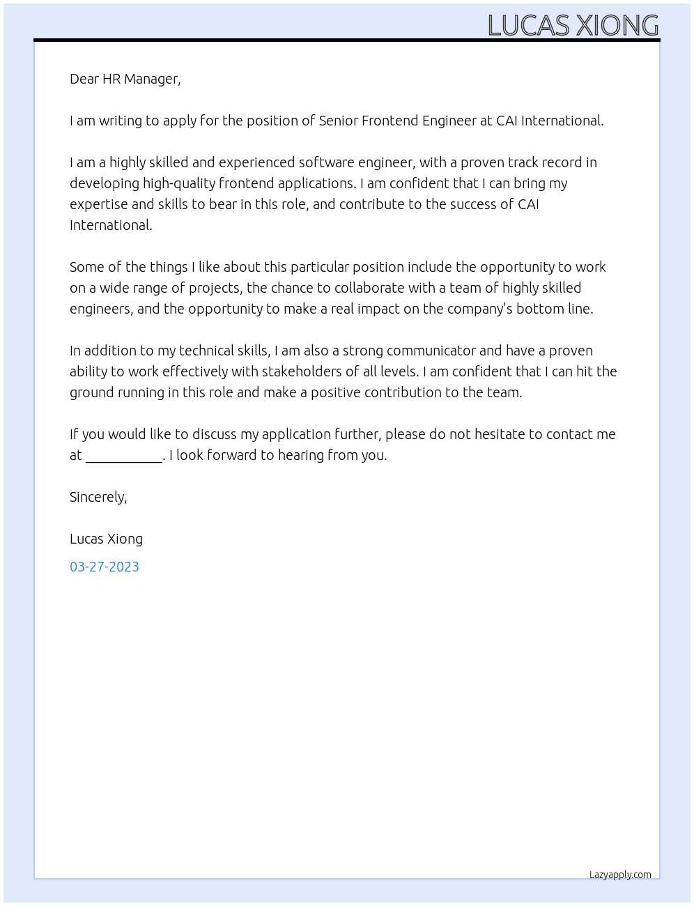 Senior Frontend Engineer At CAI International Cover Letter