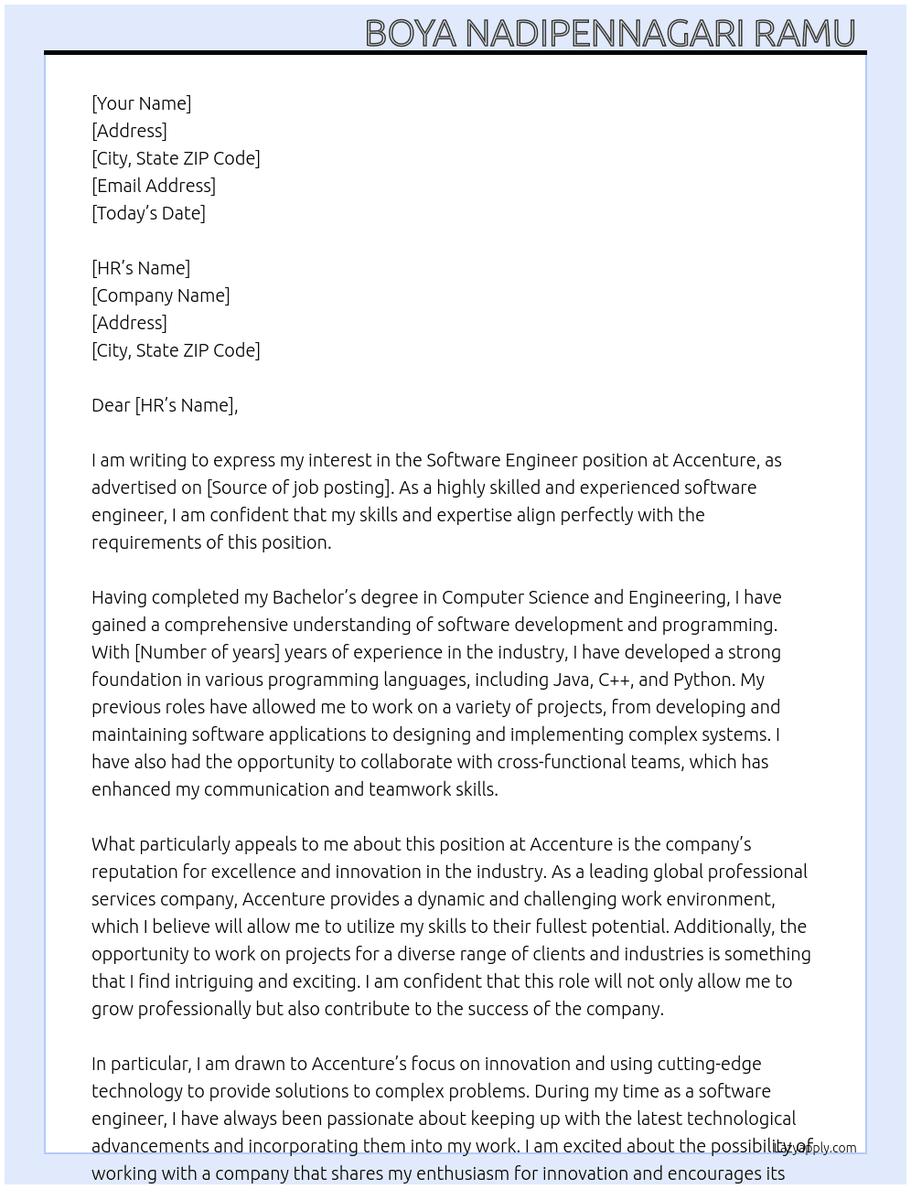 Software enginner At Accenture Cover Letter