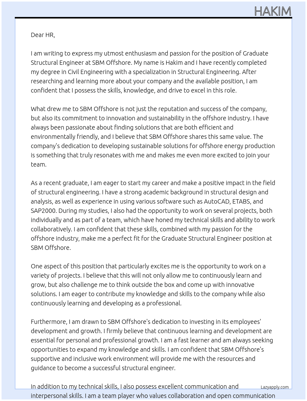 graduate structural engineer At SBM offshore Cover Letter