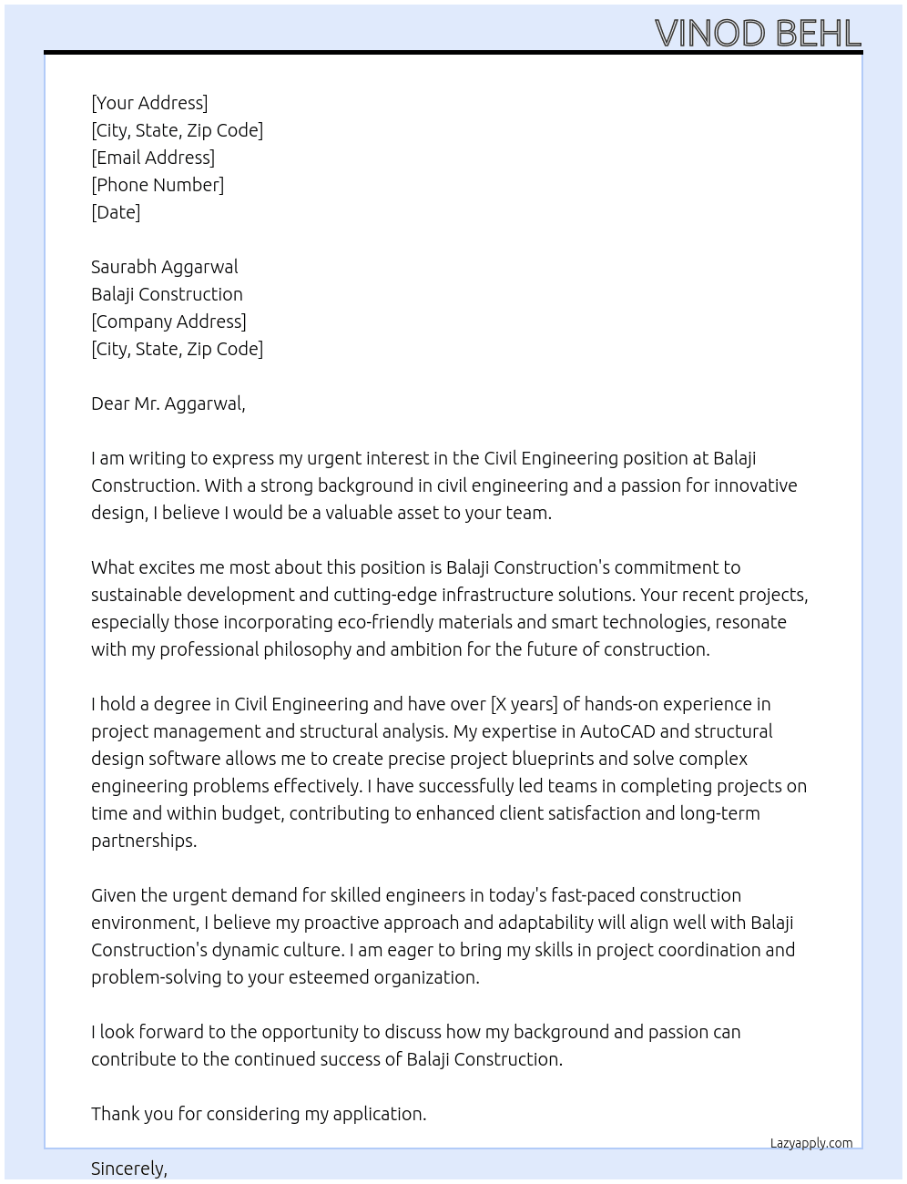 Civil Engineering At Balaji Construction Cover Letter