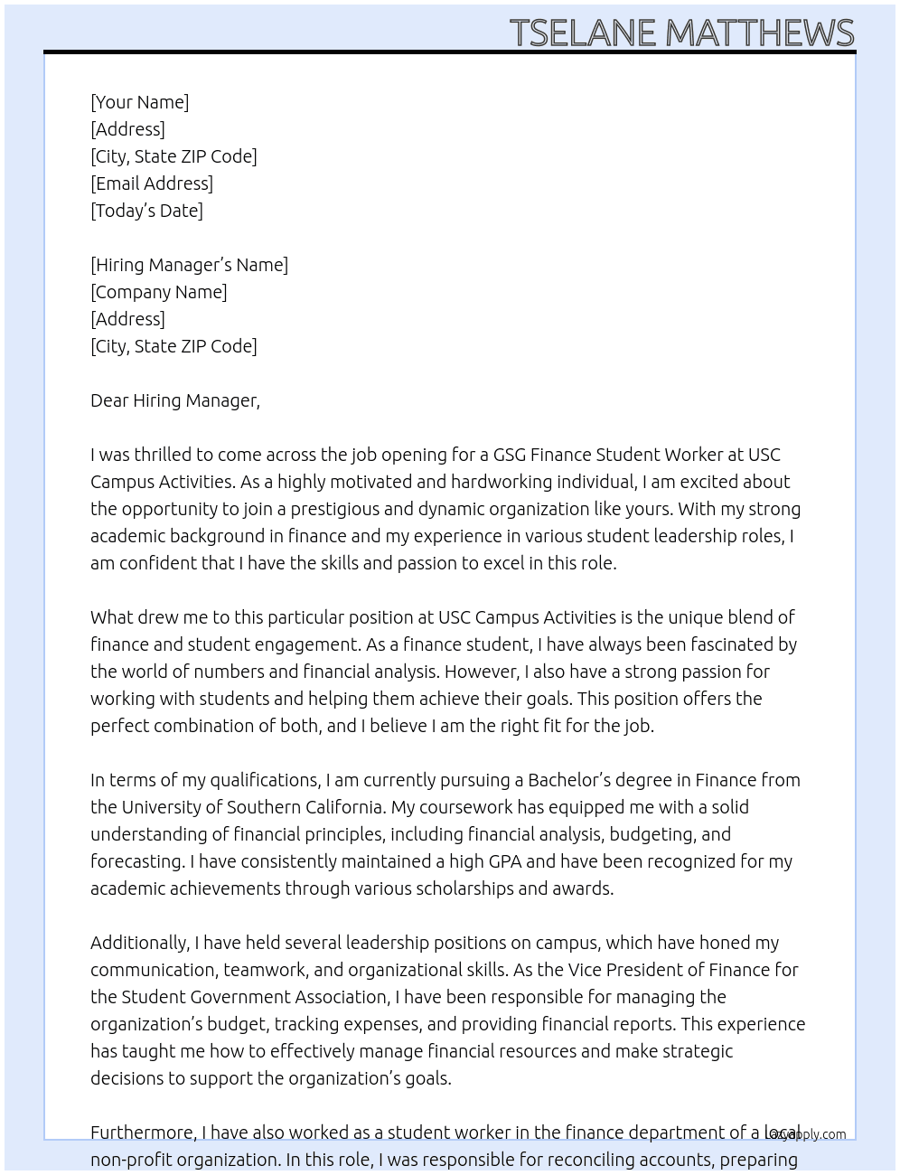 GSG Finance Student Worker At USC Campus Activities Cover Letter