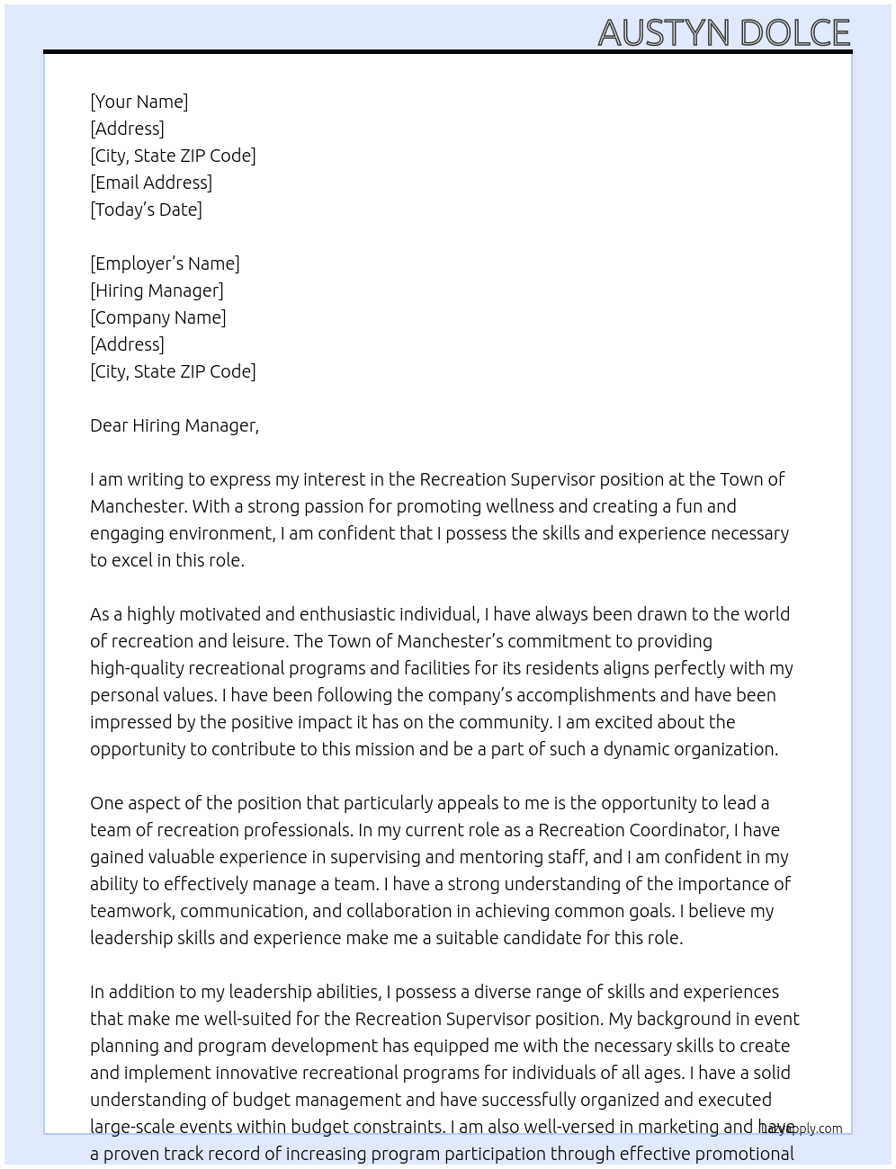 Recreation Supervisor At Town of Manchester Cover Letter