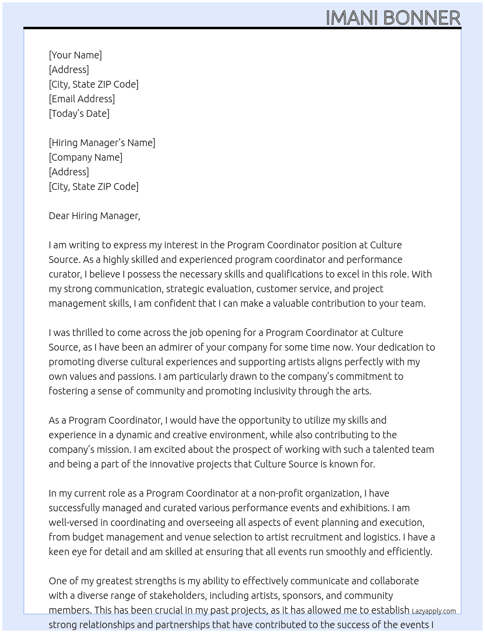Program Coordinator At Culture Source Cover Letter