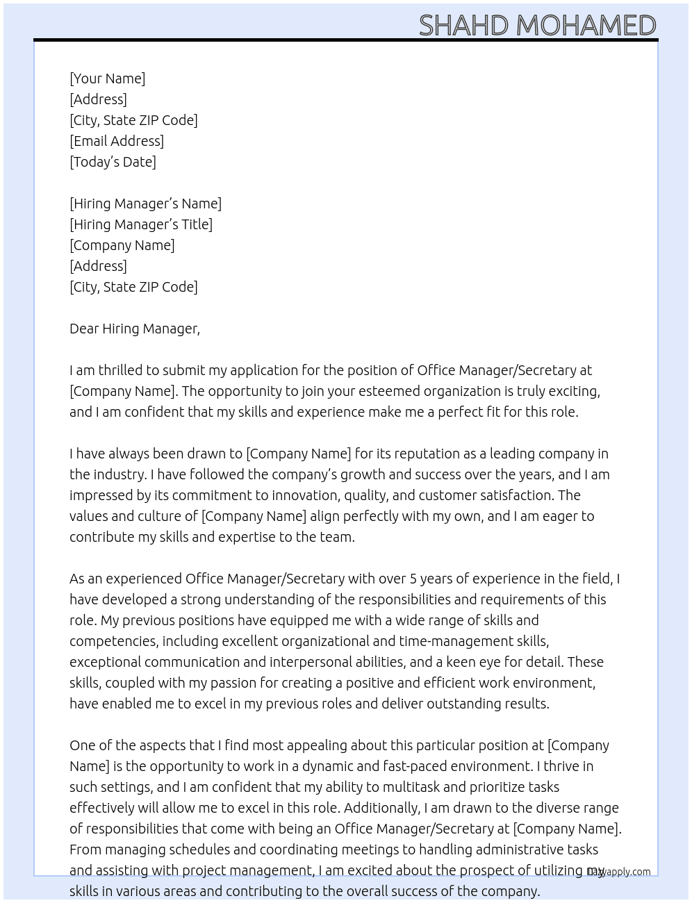 Office Manager/ Secretary  At confedintial Cover Letter
