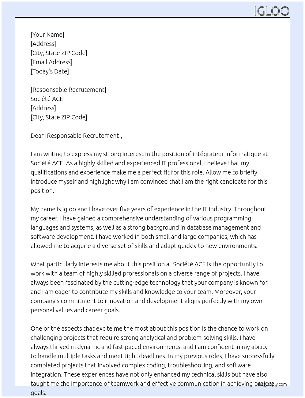 !intégrateur informatique At Société ACE Cover Letter