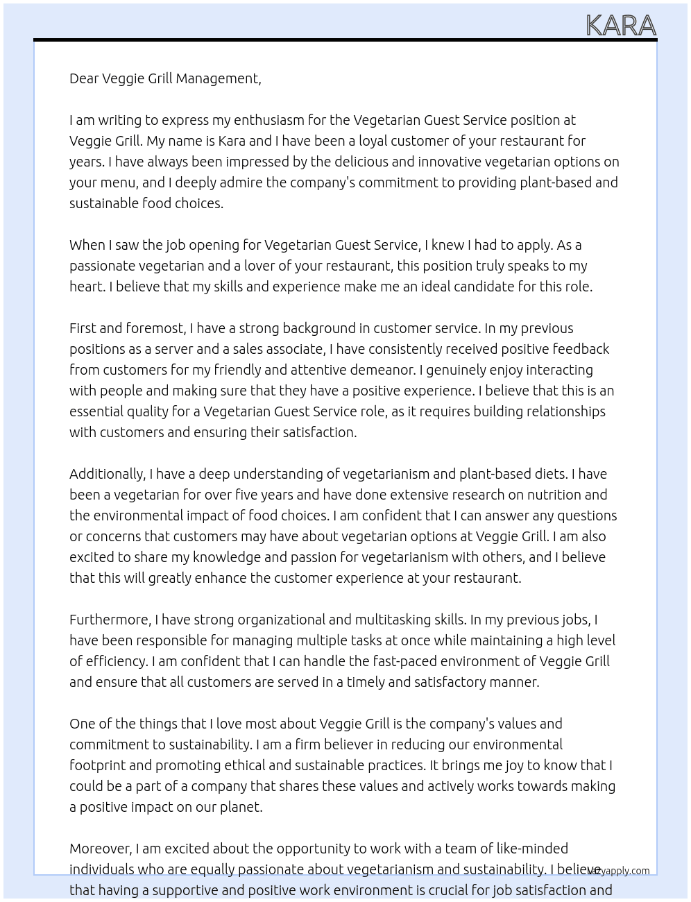 Vegetarian Guest Service  At Veggie Grill Cover Letter