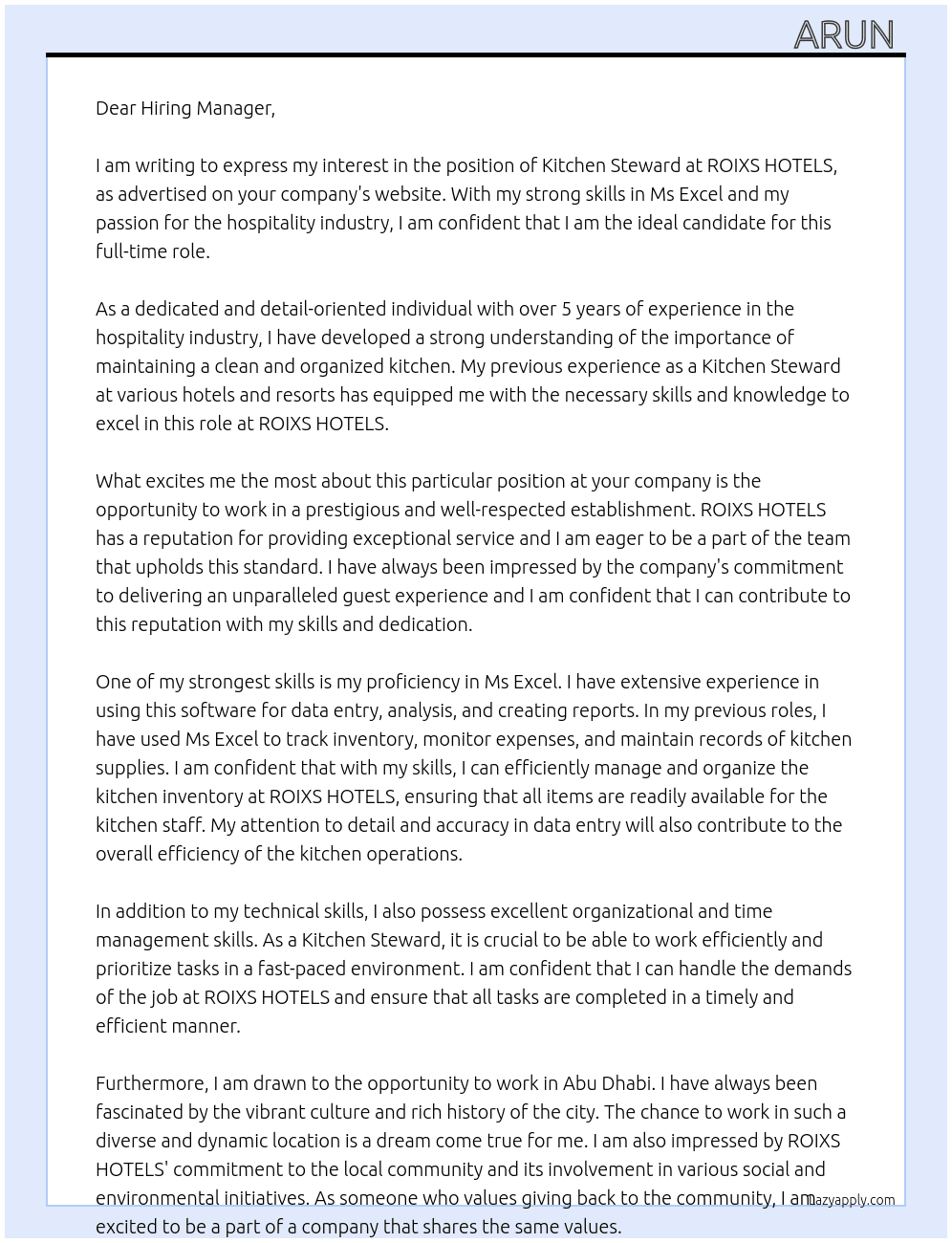 Kitchen steward At ROIXS HOTELS Cover Letter