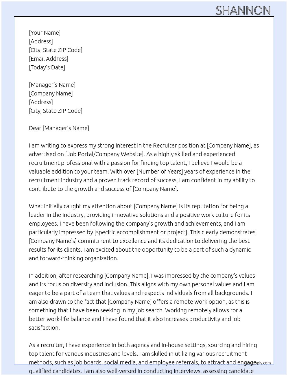 Recruiter  At RE Cover Letter