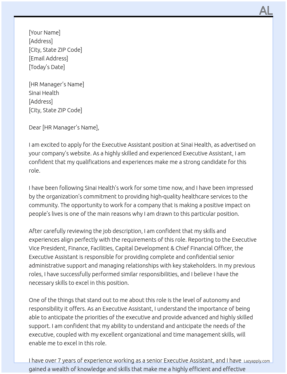 Executive Assistant At Sinai Health Cover Letter
