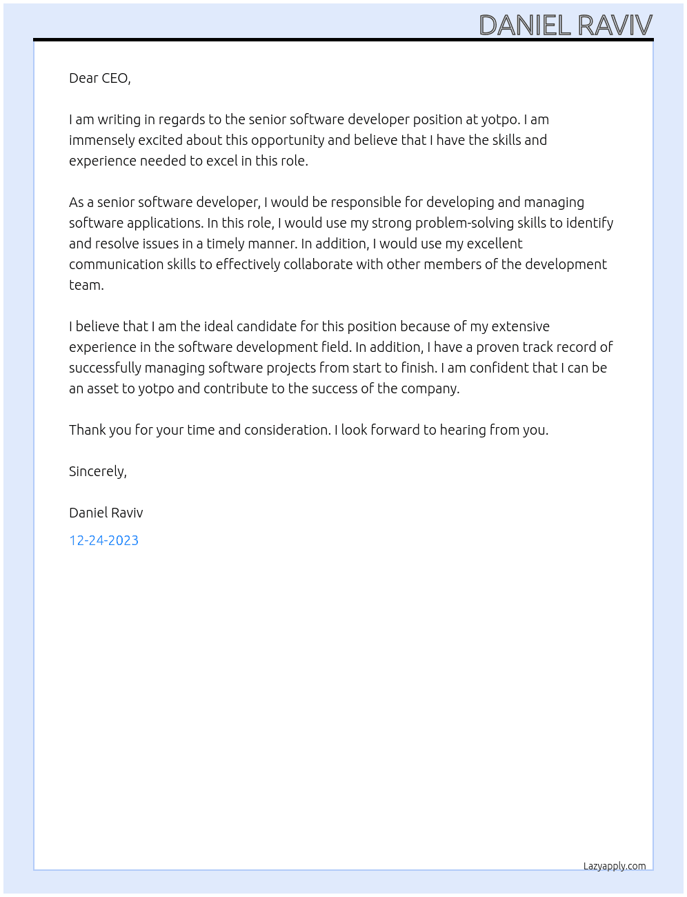 senior software developer At yotpo Cover Letter