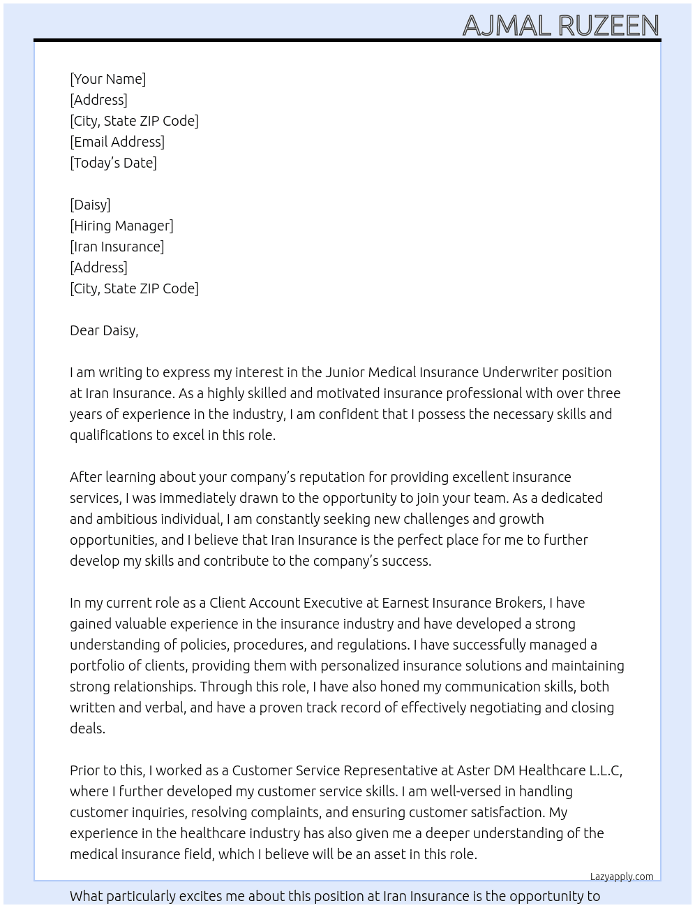 JUNIOR MEDICAL INSURANCE UNDERWRITER At IRAN INSURANCE Cover Letter