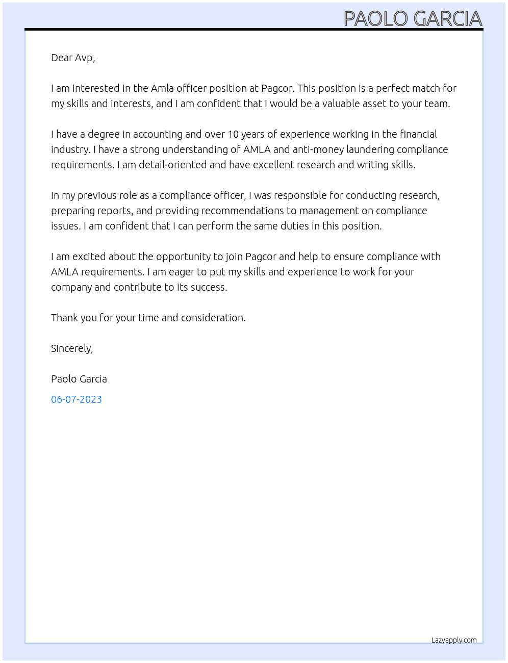 Amla officer At Pagcor Cover Letter