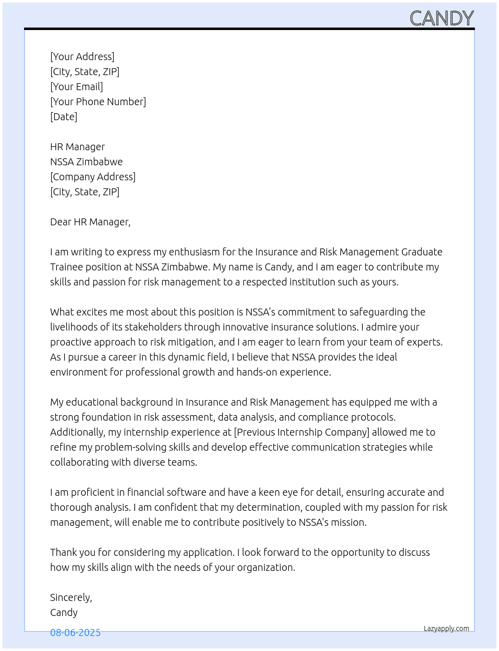 Insurance and risk management graduate trainee At NSSA zimbabwe Cover Letter