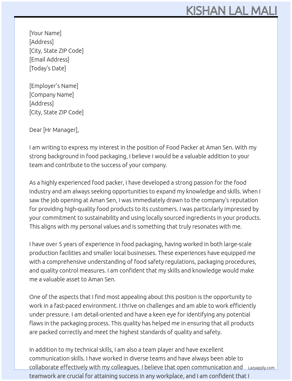 Food packer  At Aman sen Cover Letter