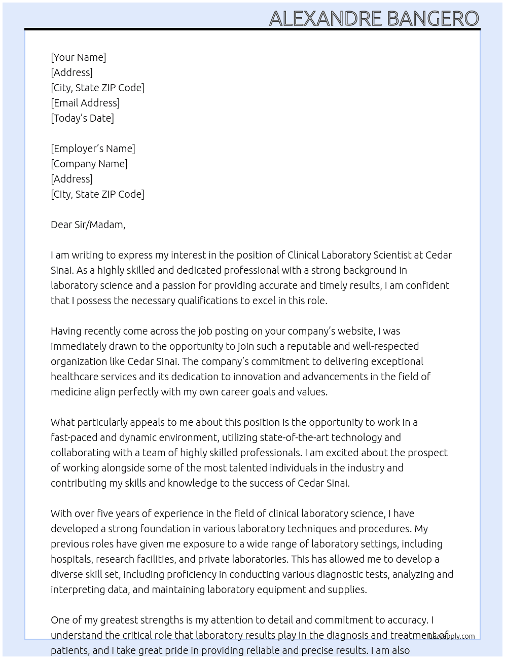 Clinical Laboratory Scientist At Cedar Sinai Cover Letter