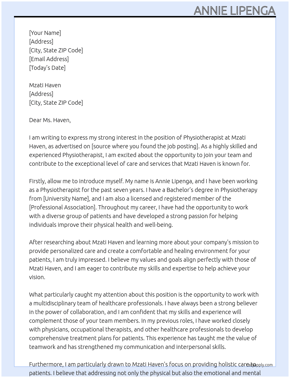 Physiotherapist At Mzati Haven Cover Letter