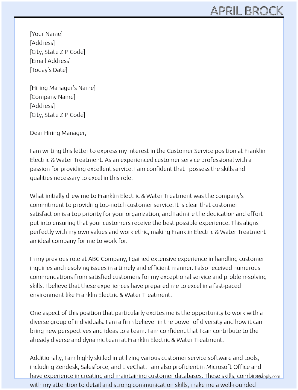 Customer Service  At Franklin Electric & Water Treatment Cover Letter