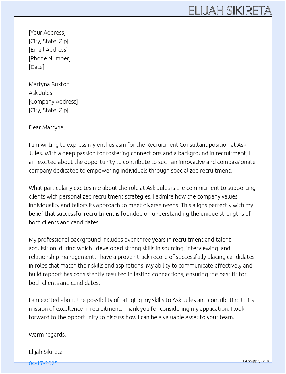 Recruitment Consultant  At Ask Jules Cover Letter