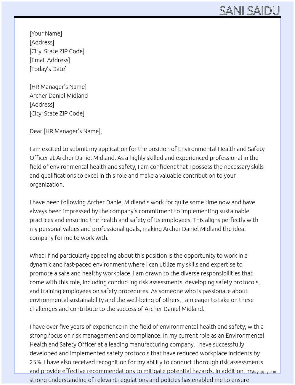 Environmental health and safety officer  At Archer Daniel Midland Cover Letter