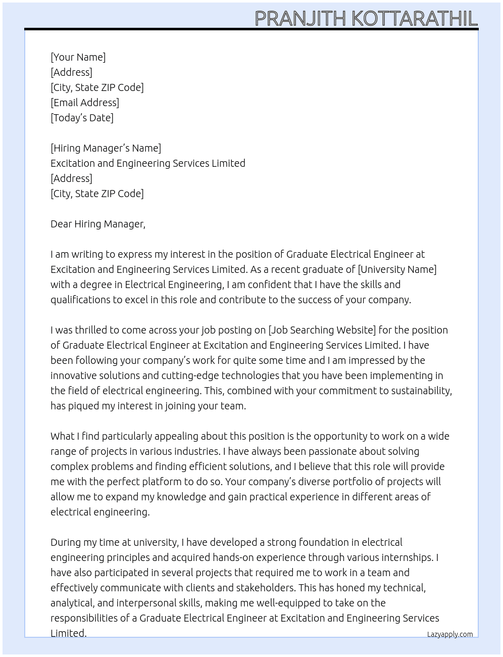 Graduate Electrical Engineer At Excitation and Engineering Services Limited Cover Letter
