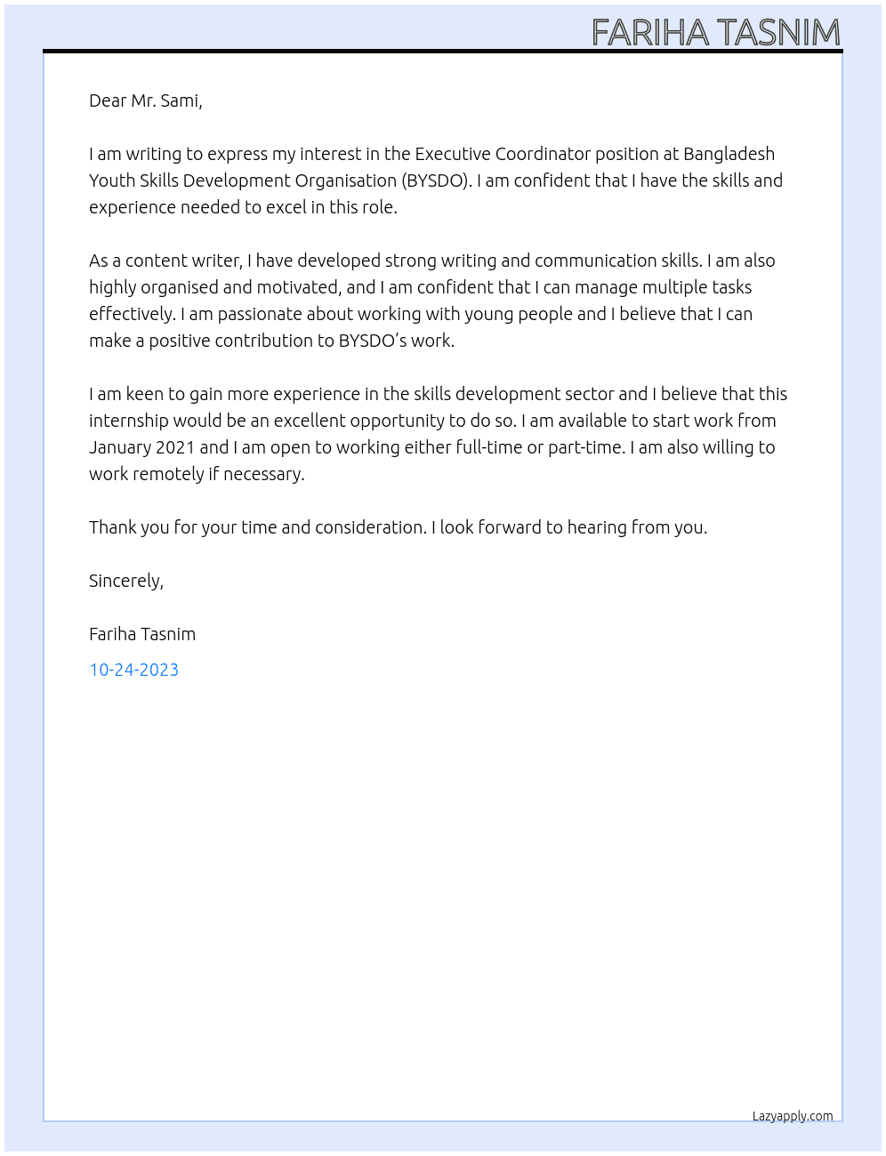 Executive Coordinator  At Bangladesh Youth Skills Development Organisation Cover Letter