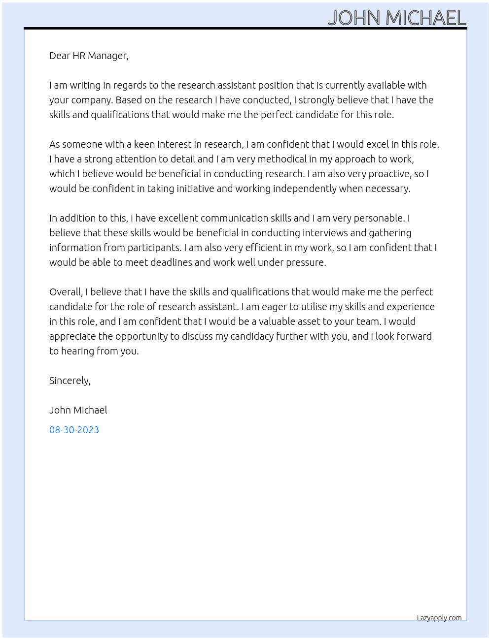 research assistant At meal Cover Letter