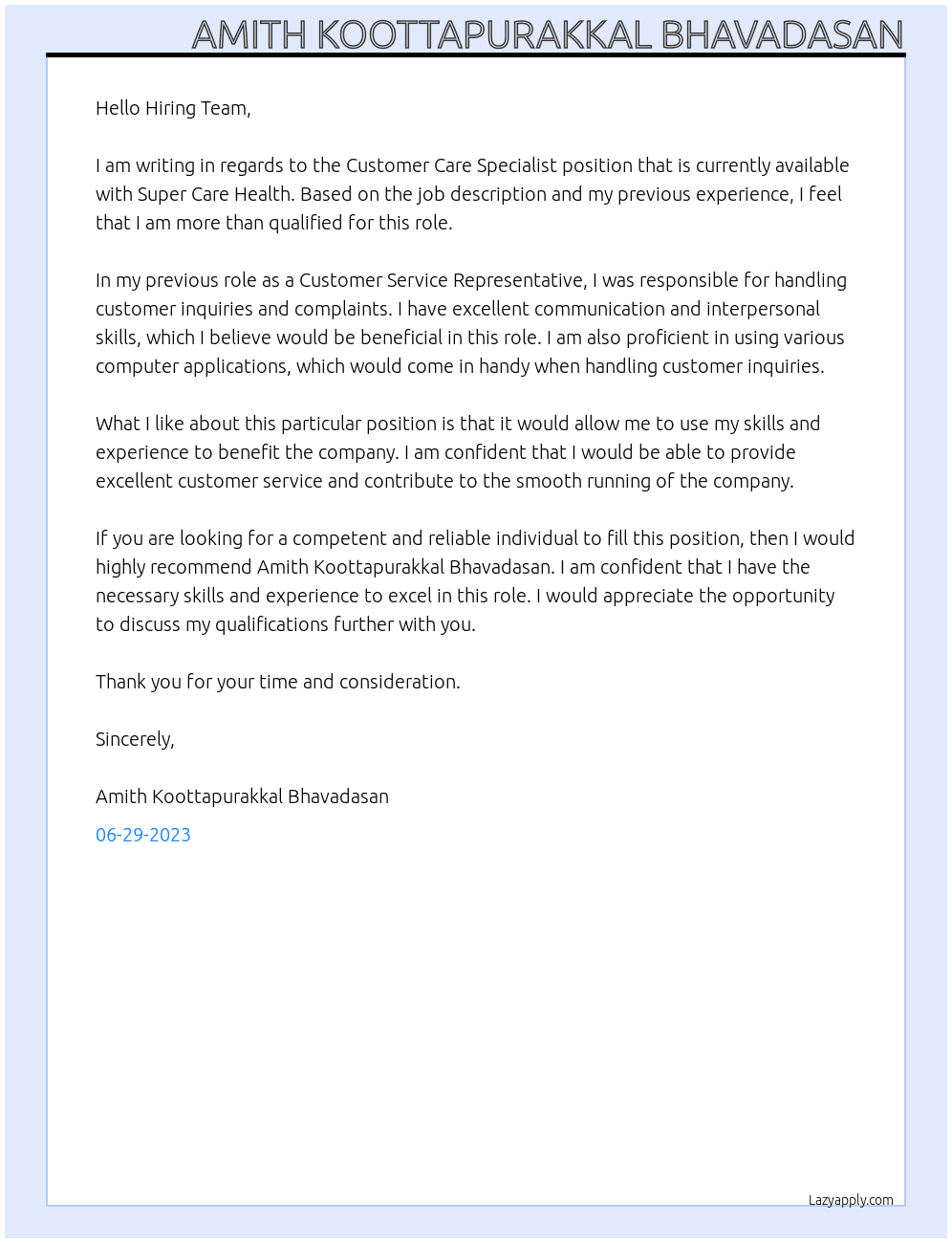 Customer Care Specialist At Super Care Health Cover Letter