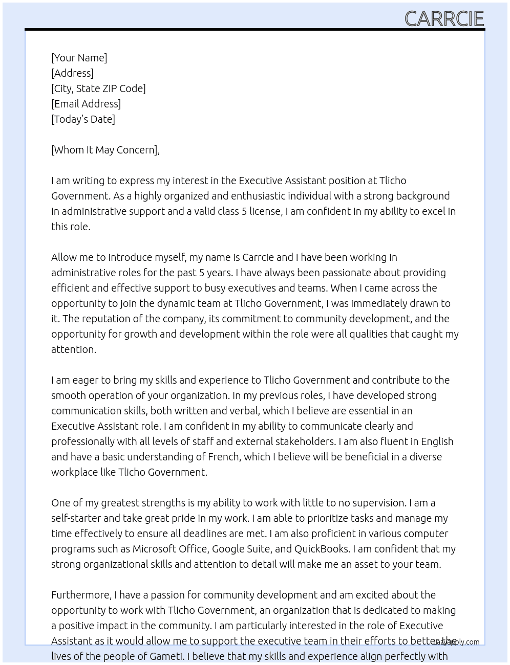Executive Assistant At Tlicho Government Cover Letter