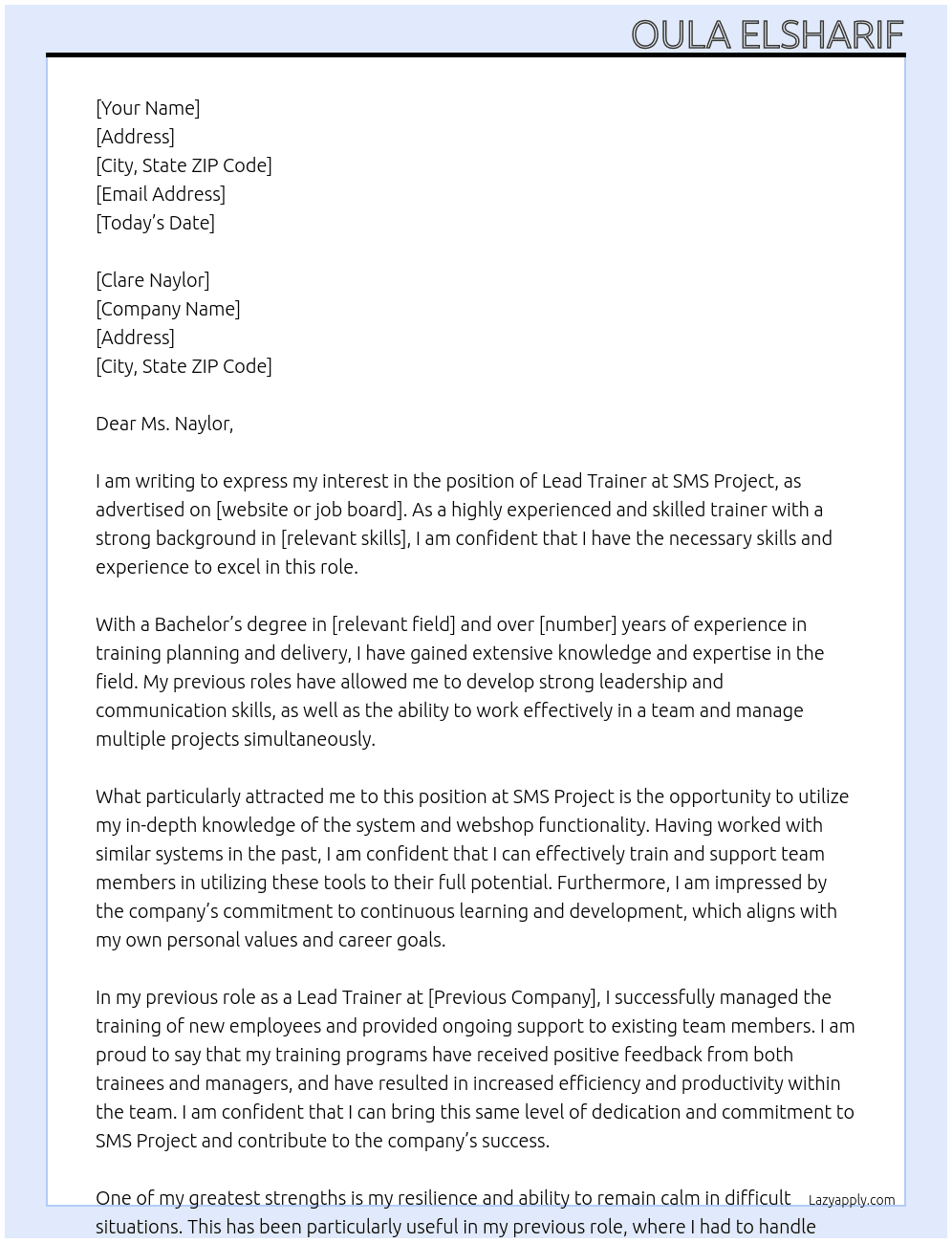 Lead Trainer At SMS Project Cover Letter
