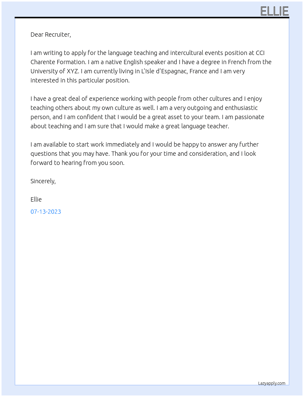 Language teaching and intercultural events At CCI Charente Formation Cover Letter