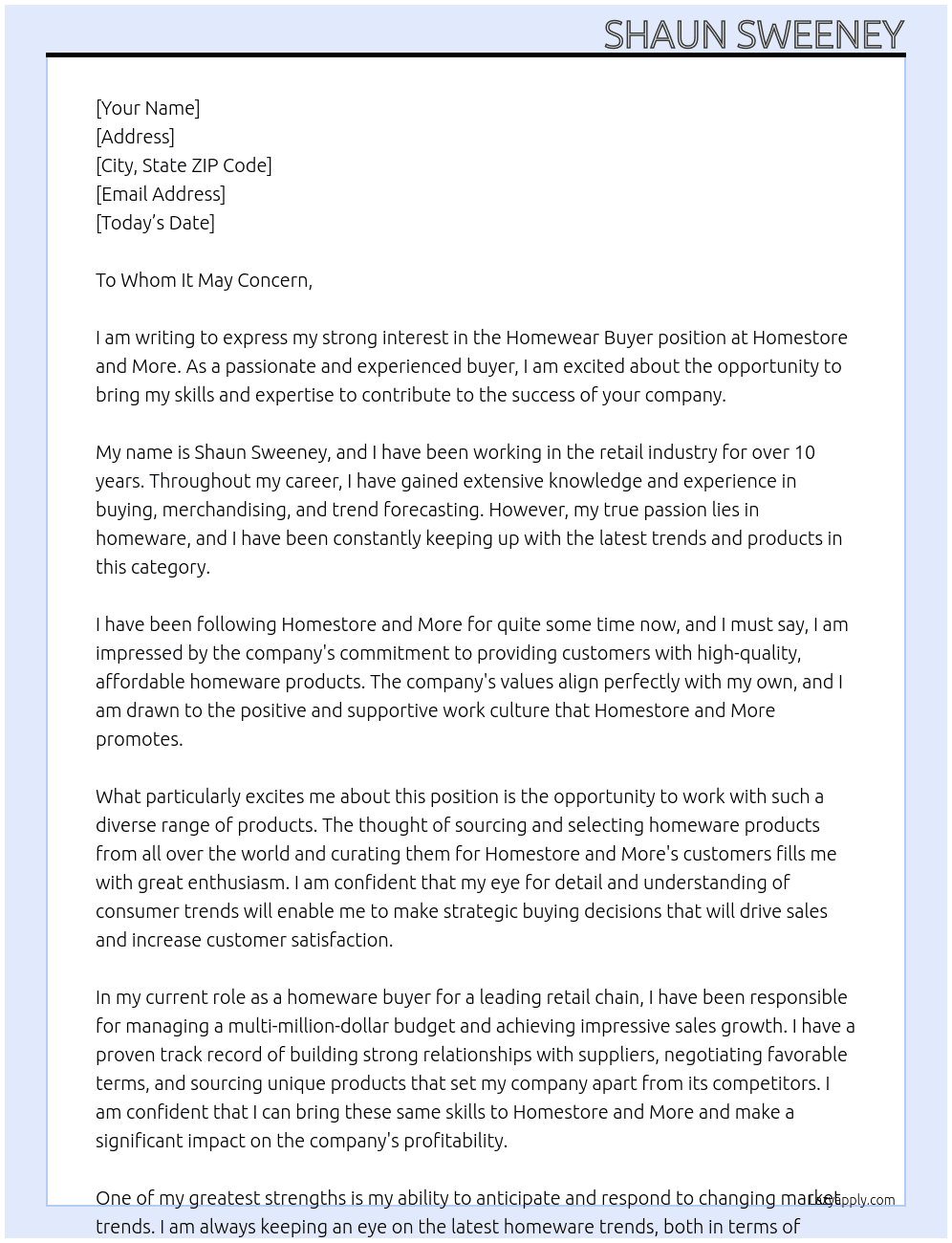 Homewear buyer At Homestore and More Cover Letter