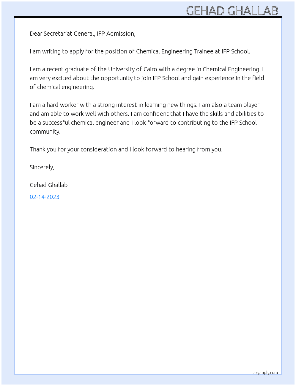 Chemical Engineering Trainee  At IFP School  Cover Letter