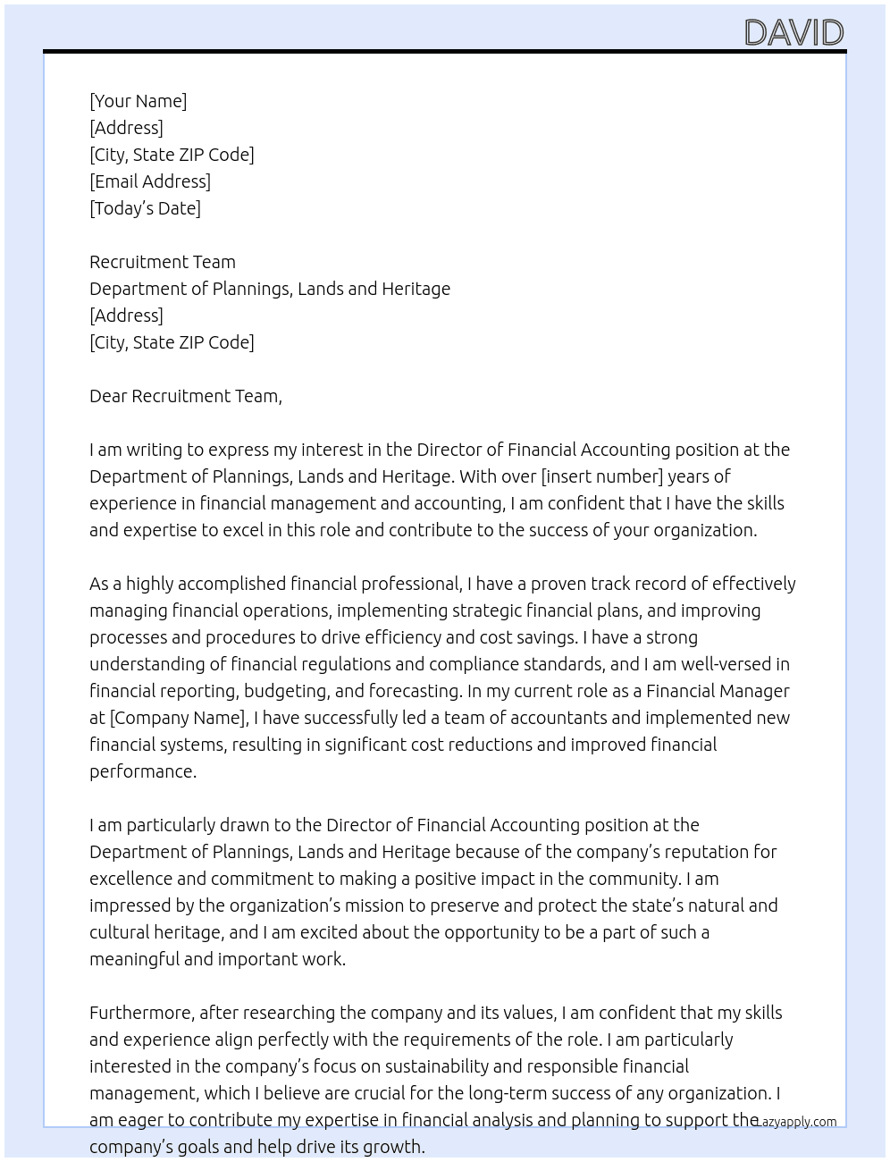 Director, Financial Accounting At Department of Plannings, Lands and Heritage Cover Letter