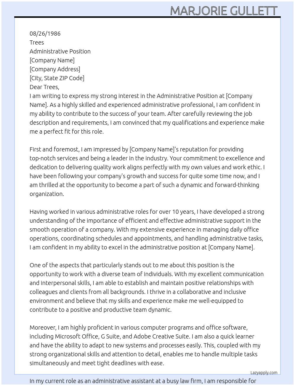 administrative At 08/26/1986 Cover Letter