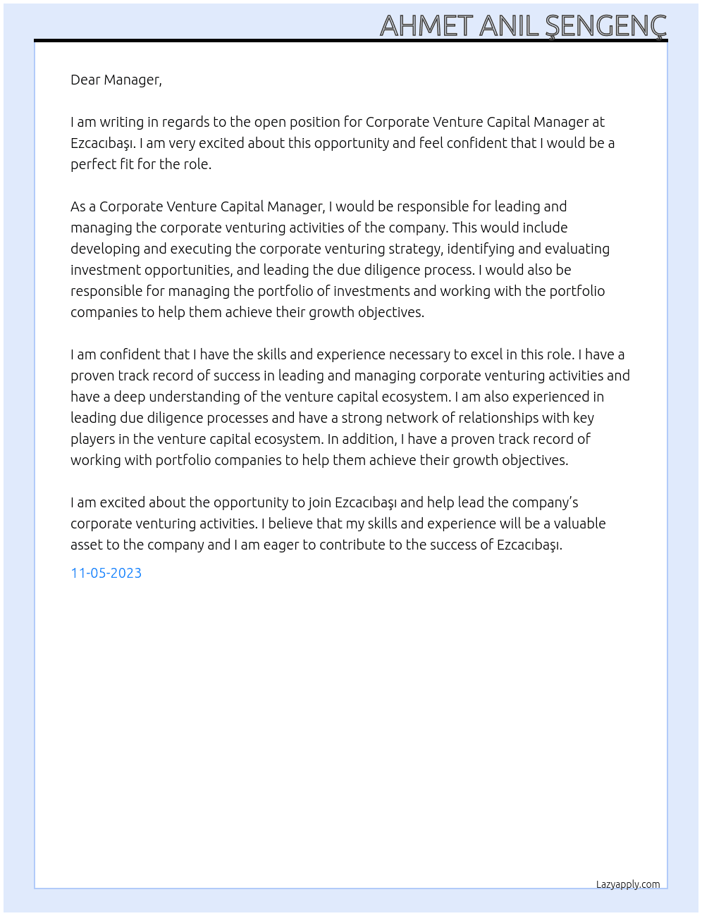 CORPORATE VENTURE CAPITAL MANAGER At Ezcacıbaşı Cover Letter