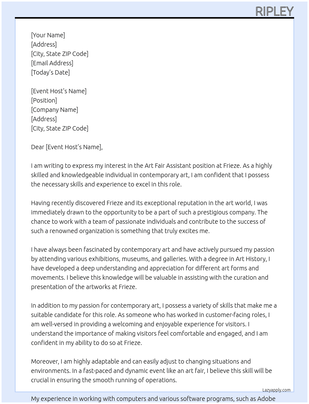 art fair assistent At Frieze Cover Letter