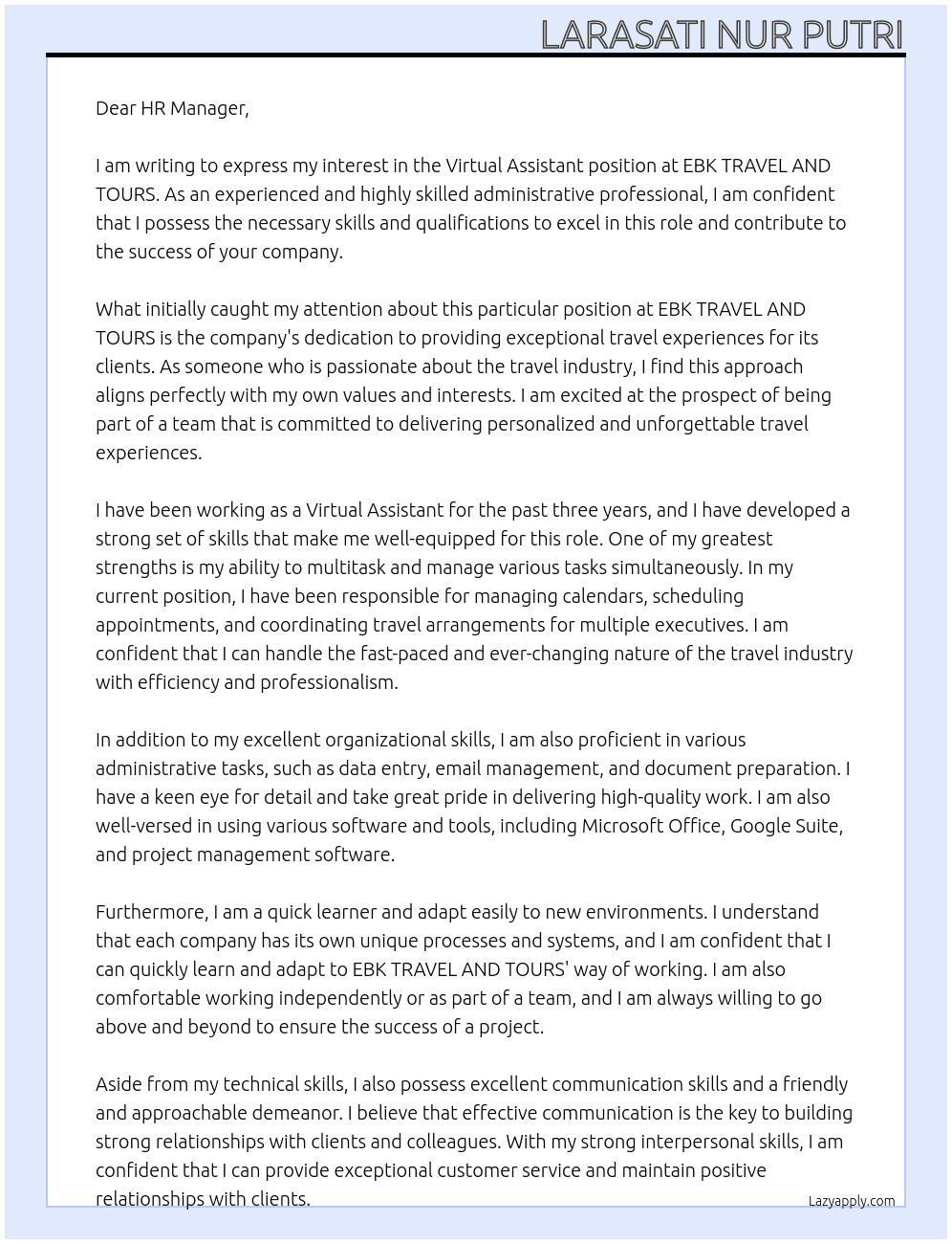 Virtual Assitant At EBK TRAVEL AND TOURS Cover Letter