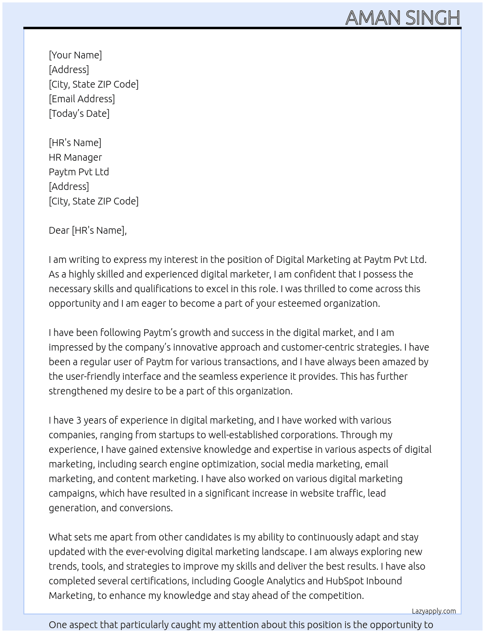 Digital marketing  At Paytm pvt Ltd  Cover Letter
