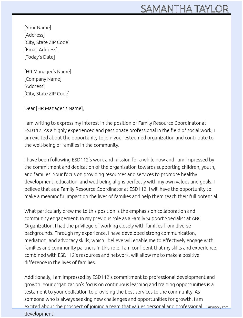 Family Resource Coordinator  At ESD112 Cover Letter