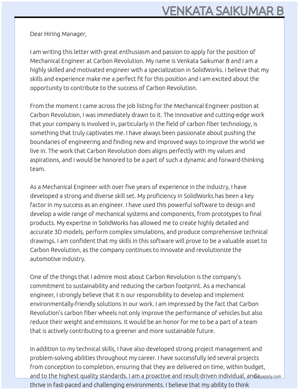 Mechanical engineer At Carbon Revolution  Cover Letter