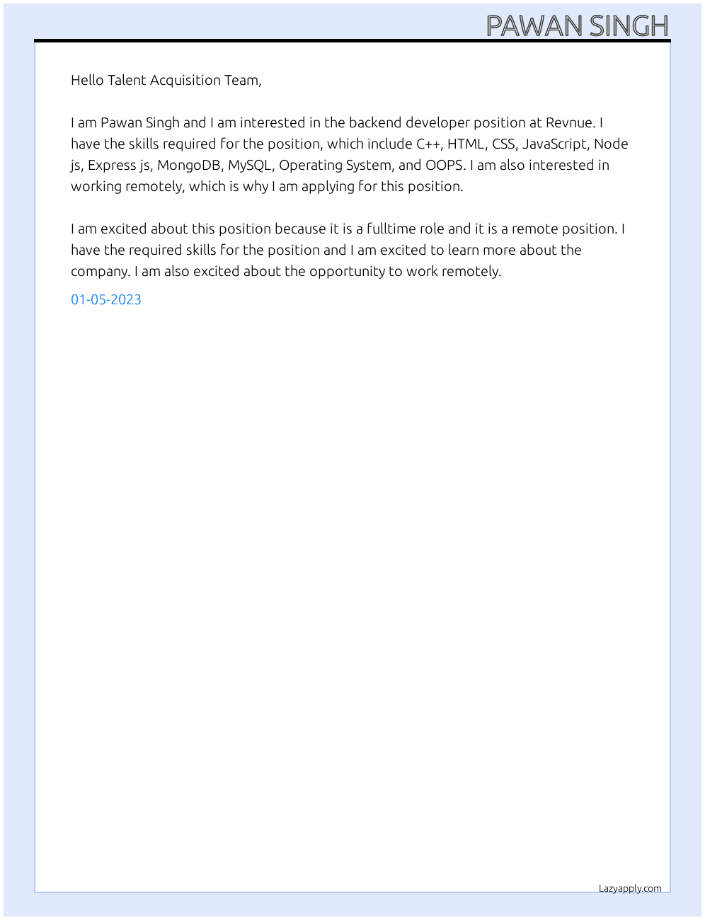 Backend developer At Revnue Cover Letter