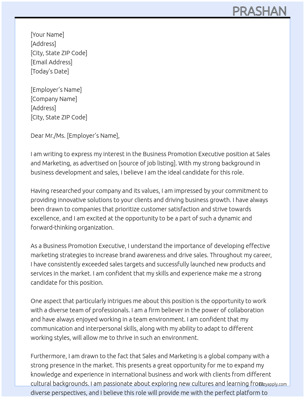 Business promotion executive  At Sales and marketing  Cover Letter